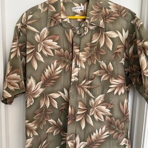 Pierre Cardin Olive and Brown Tropical Floral Short-Sleeve Shirt